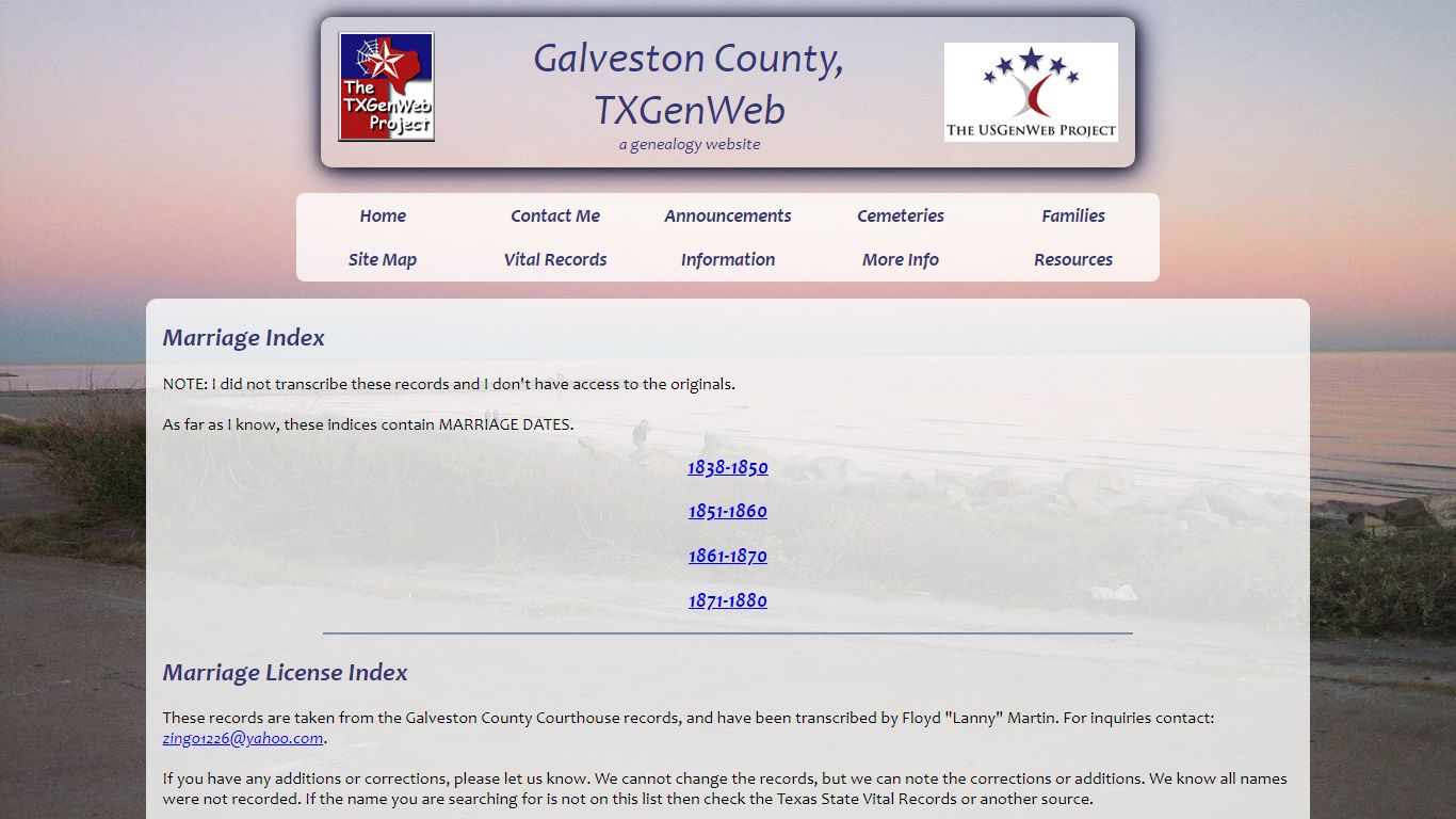 Marriage Index, Galveston County, TXGenWeb